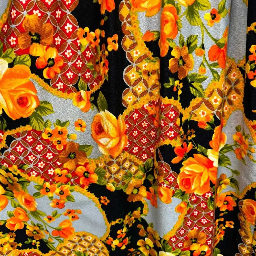 Vintage Julie Miller California 70s Long Sleeve Floral Black Orange Maxi Dress